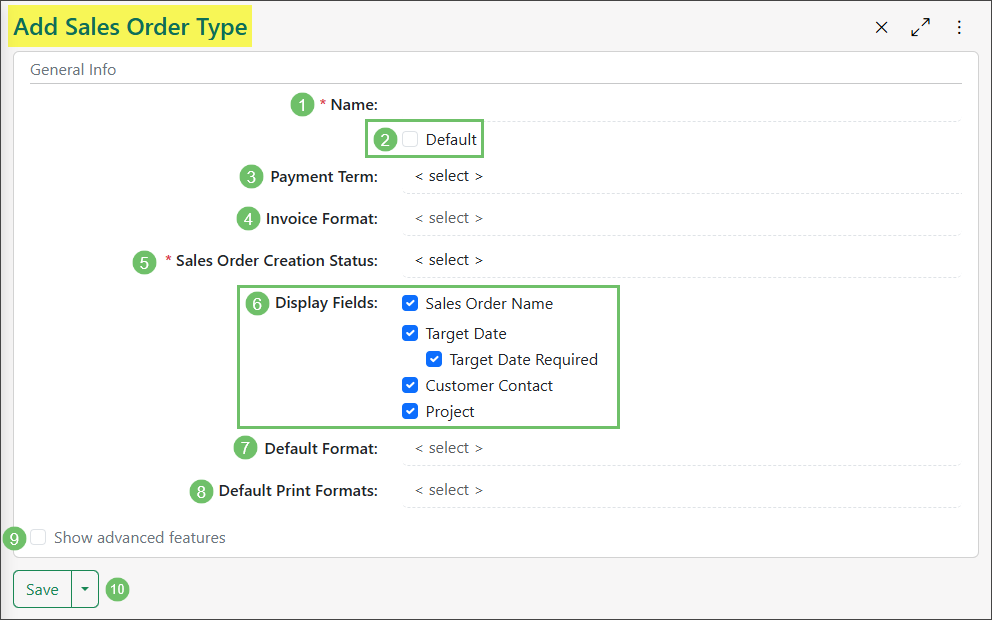 Add Sales Order Type page showing the General Info section and its many options