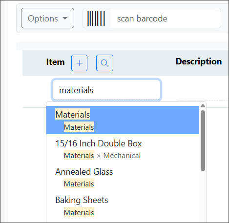 Example of Items in the Items List of a Sales Order showing Highlighted Search Results.