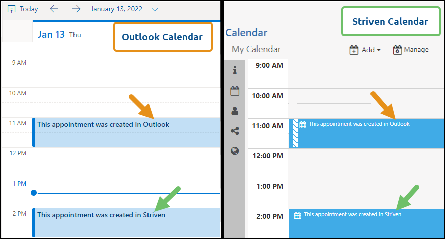 Views of adding appointments to Striven and Outlook calendars with integration