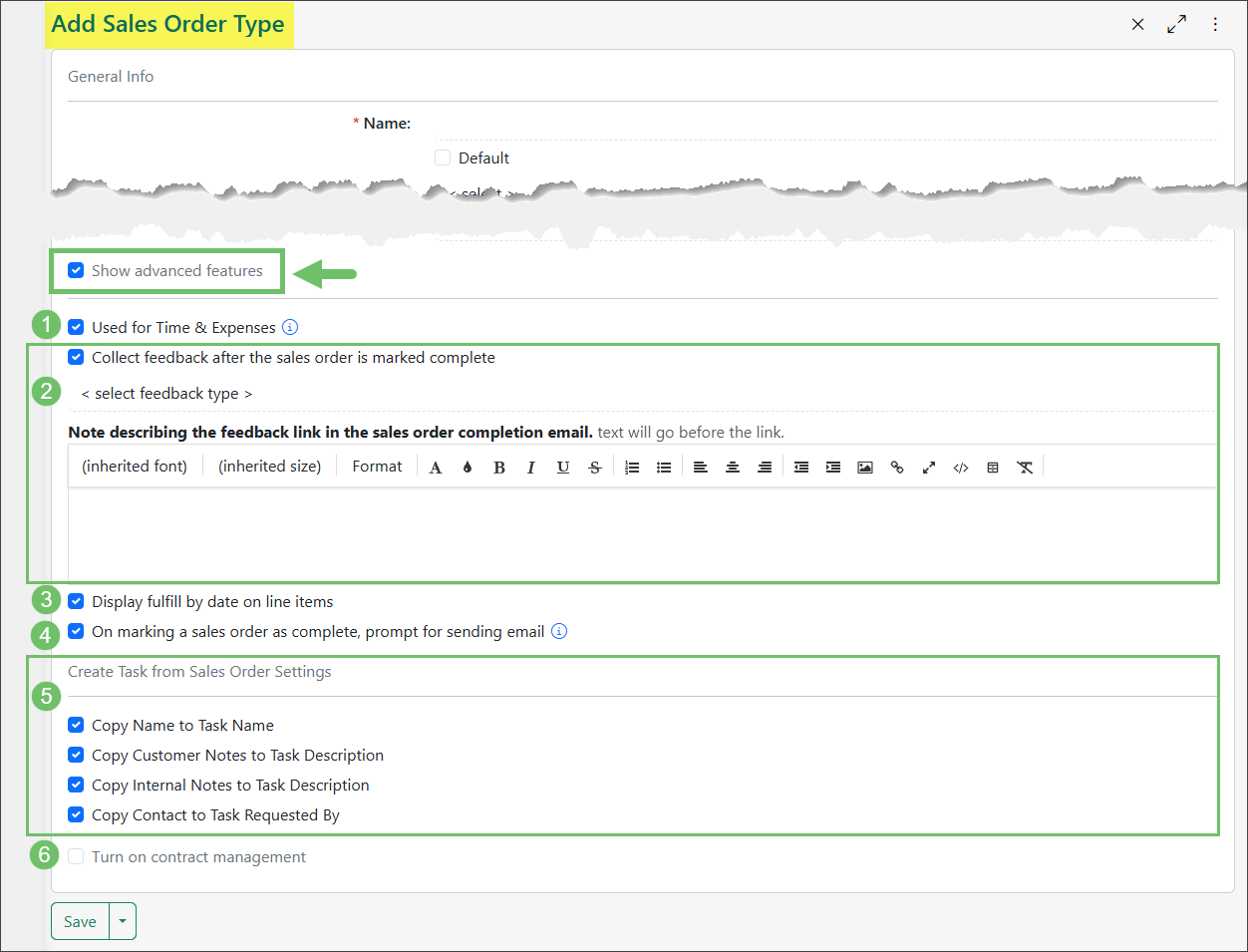Add Sales Order Type settings page showing the advanced features settings