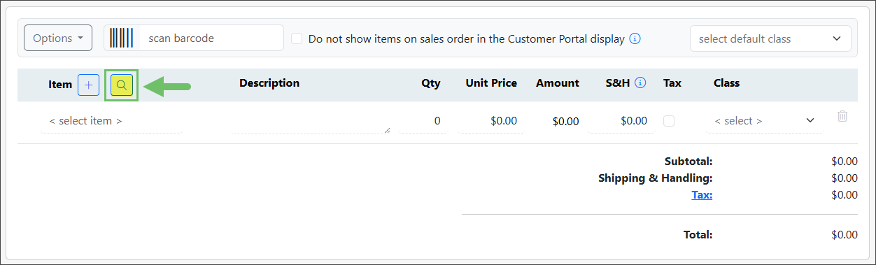 Items section of a Sales Order indicating the Magnifying Glass icon to open the search and add Items popup.
