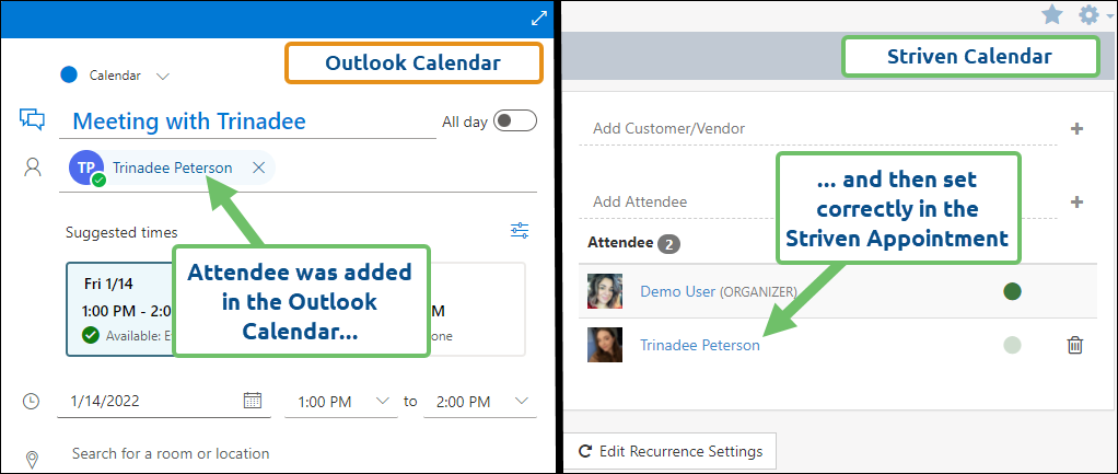 Adding attendees to Outlook view in striven