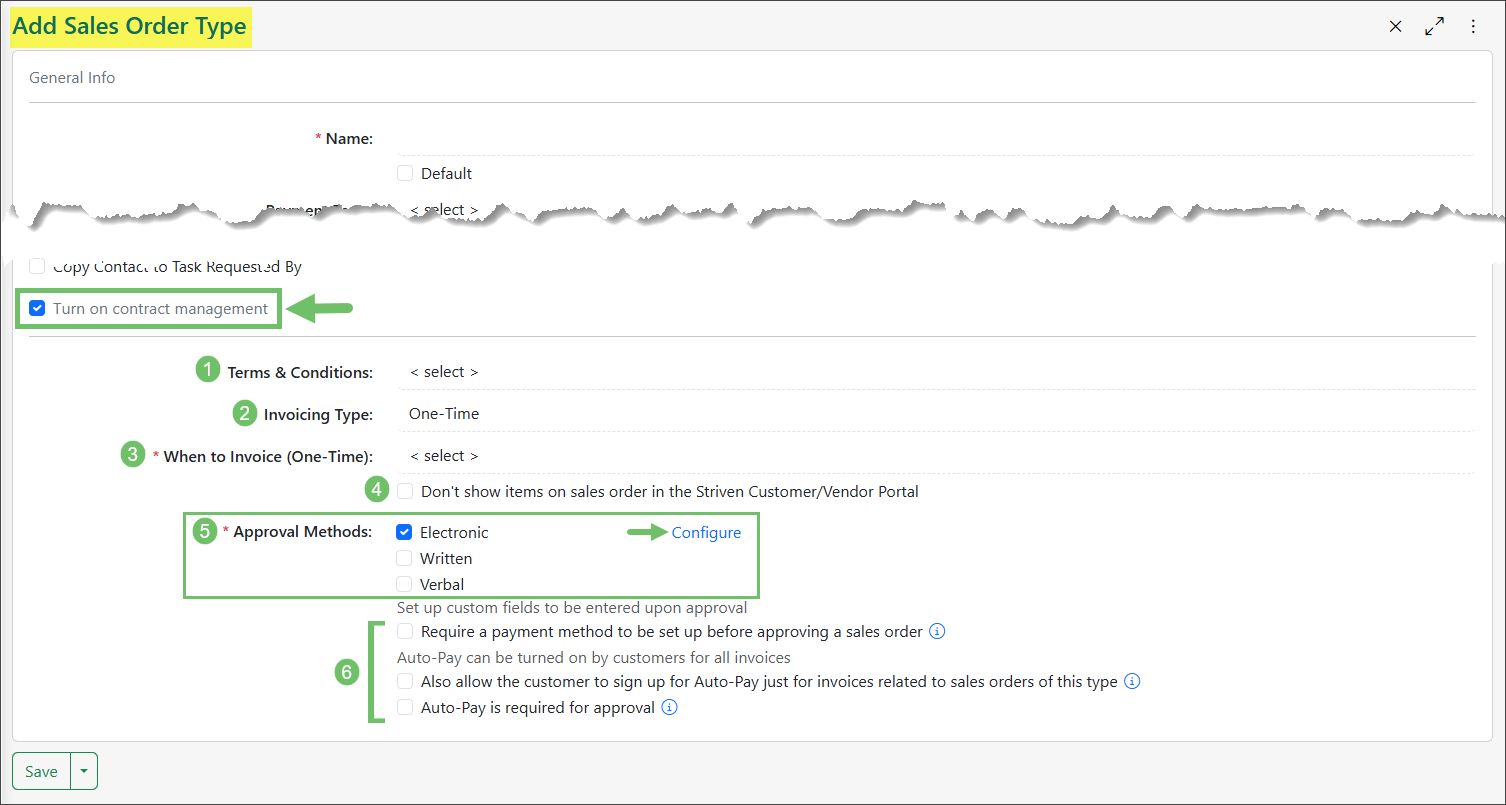 Add Sales Order Type settings focusing on the Contract Management settings