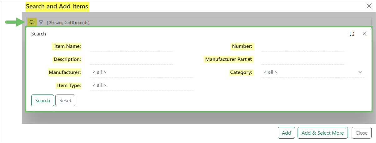 The Search and Add Items search filters, including Item Name, Number, Description, Manufacturer Part #, Manufacturer, Category, and Type