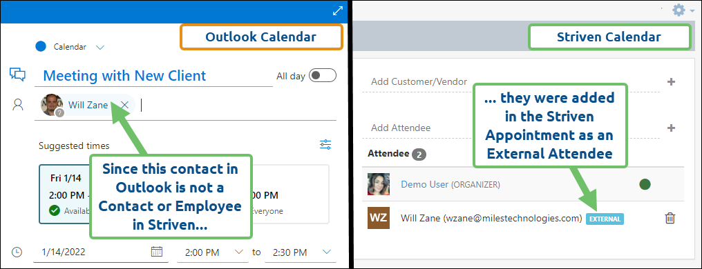 Adding external attendees to outlook view in Striven