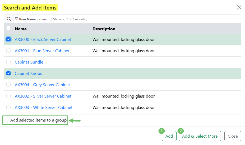 Search and Add Items popup selecting Items and indicating the Add selected items to a group option