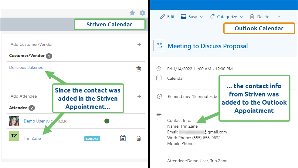 Adding attendees in Striven displays as external attendee info in outlook