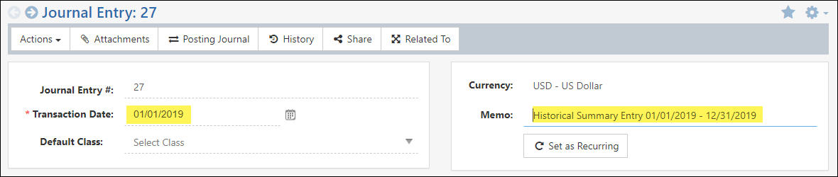 View of Adjustment Journal Entry transaction date and memo field