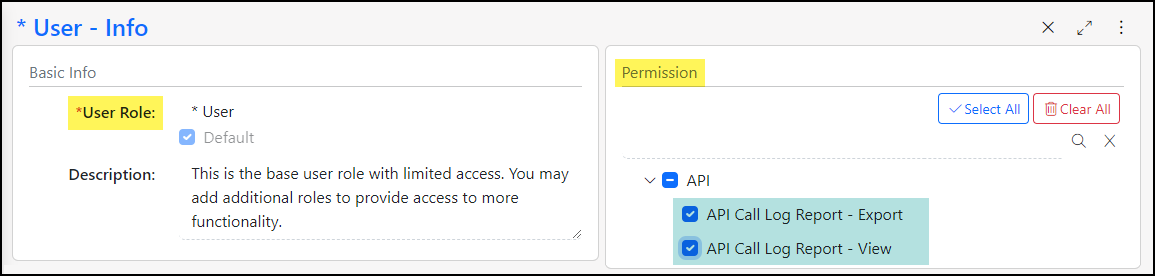 Permissions required to export and view the API Call Log Report