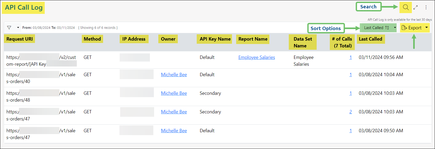 View of the API Call Log list showing available columns, search, and sort options