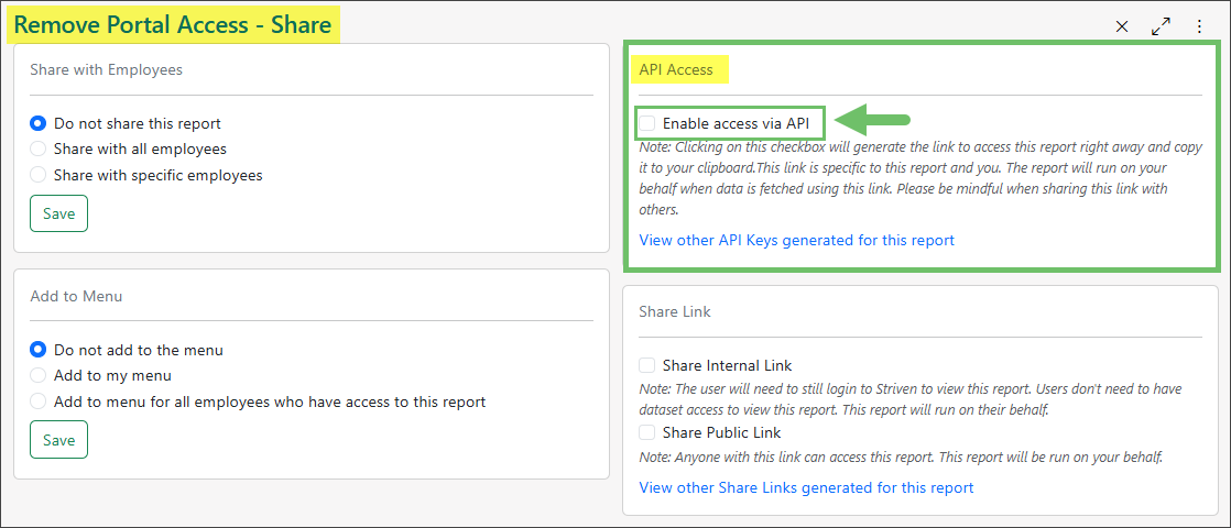 Example of the API Access panel of the Report - Share page in Report Builder highlighting the option to enable API Key access