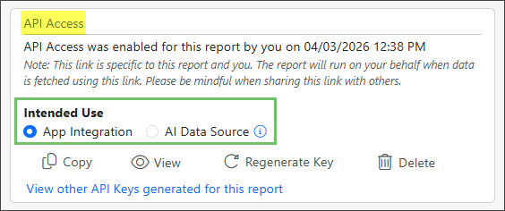 Example of the API Access panel of the Report - Share page highlighting the Intended Use options for App Integration or AI Data Source