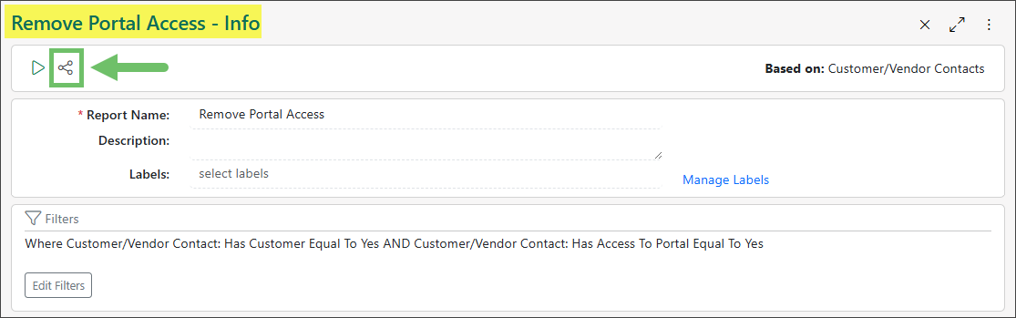 Example of the share button on the Report - Info page in Report builder