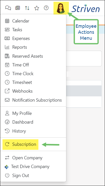 View of the Employee Actions menu highlighting the Subscription option