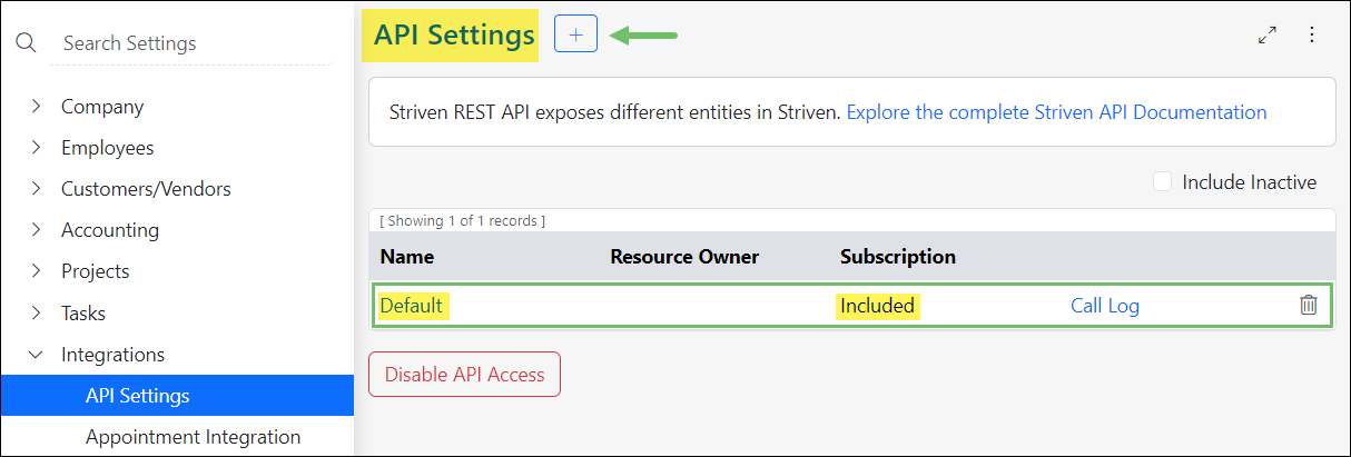 View of API Settings Page showing the Add API Key button and the list of API Keys in subscription