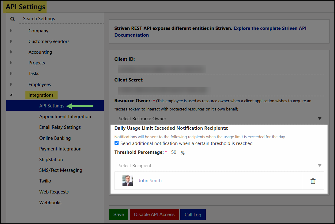 API Integration Settings Page in Striven focusing on the Threshold Notification Settings