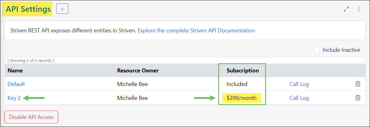 View of the API Settings page listing the API Keys subscribed to and their associated fees