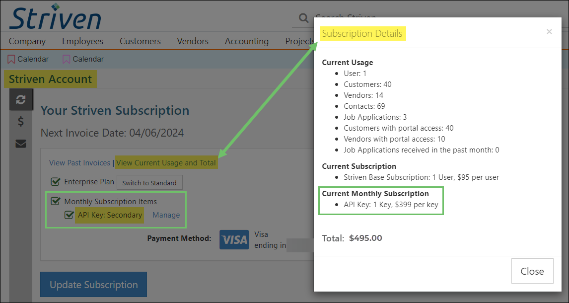 View of a Striven Subscription page with details about additional API Key subscriptions