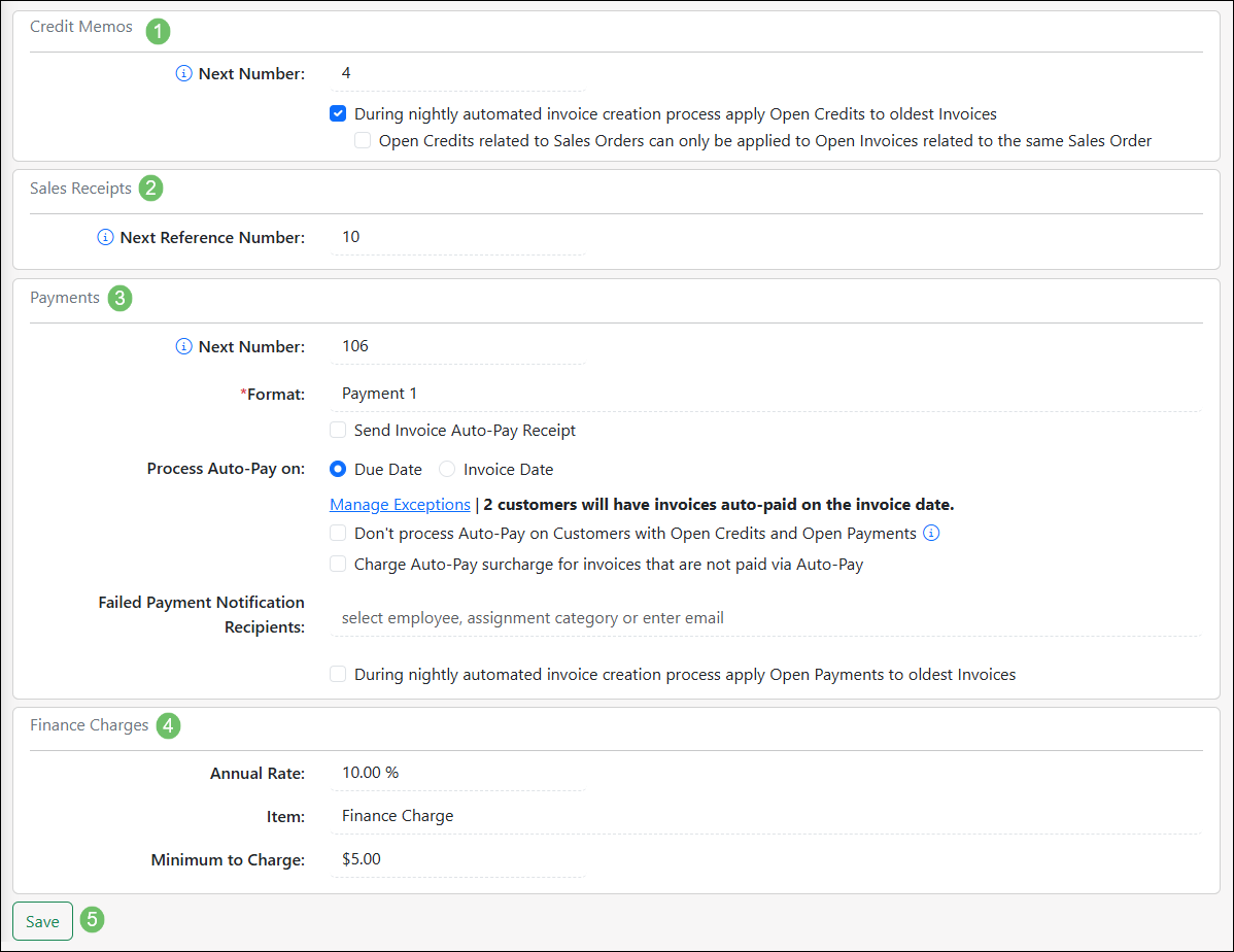 Settings options for Credit Memos, Sales Receipts, Payments, and Finance Charges in Striven