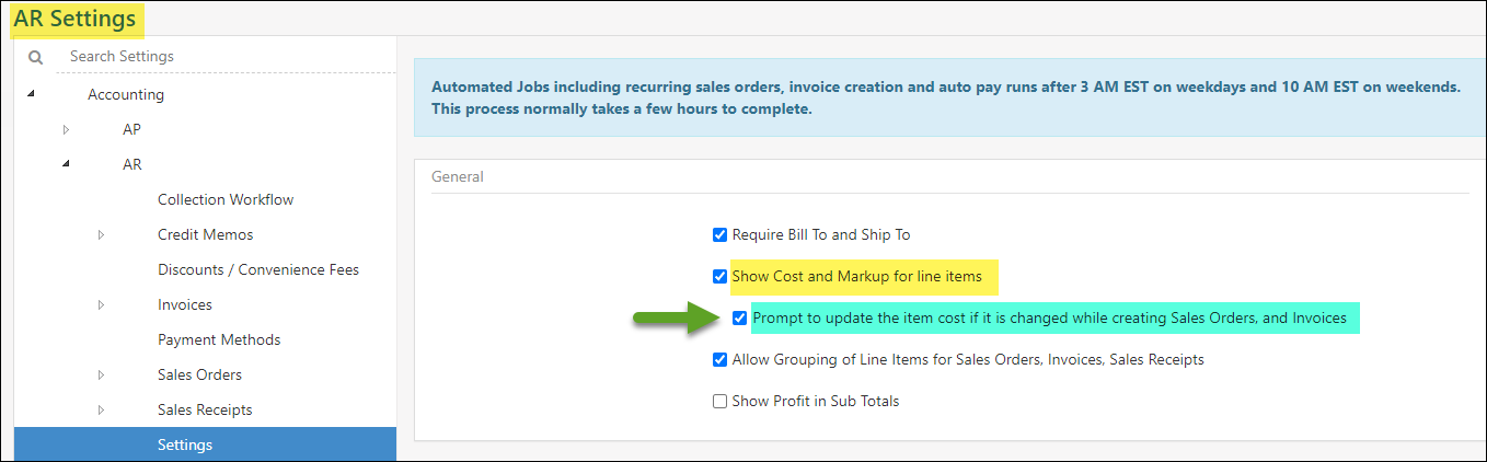 AR Settings Page with option to prompt to update item cost if its changed while creating Sales Orders & Invoices