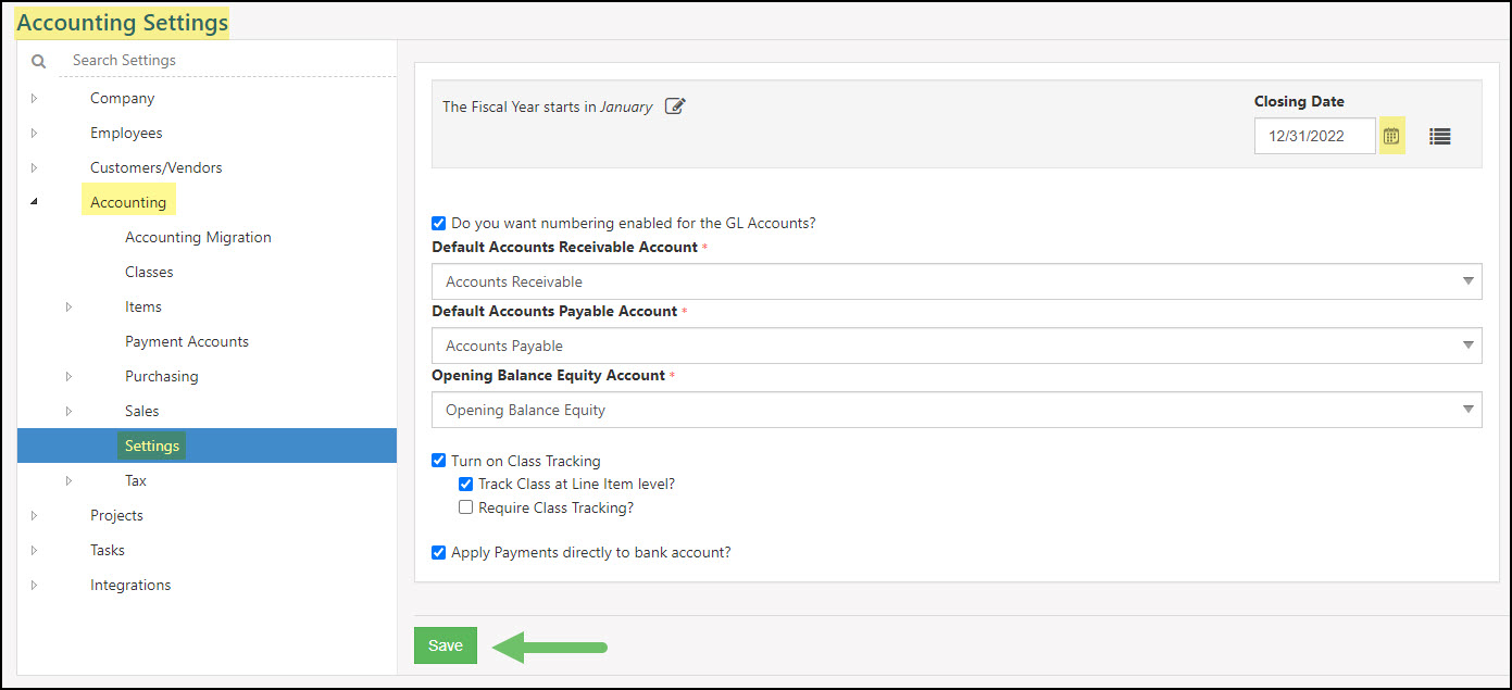 Example of the Accounting Settings screen within Striven