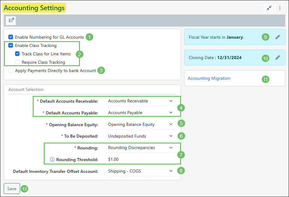 The Accounting Settings page in Striven.