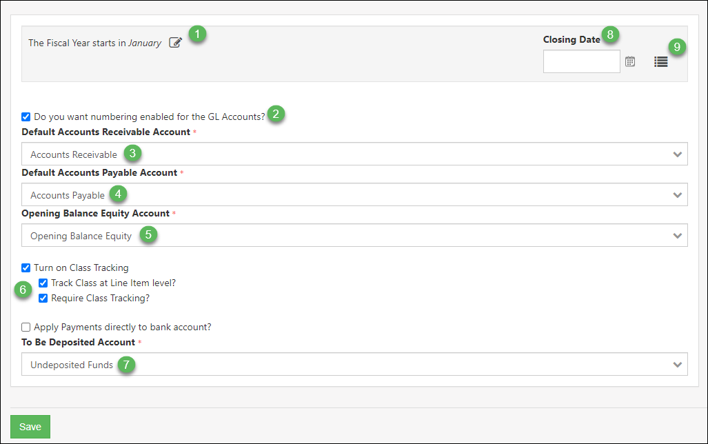 Accounting Settings Page including Fiscal Year, numbering GL Accounts, closing date, default accounts, class tracking, deposited account