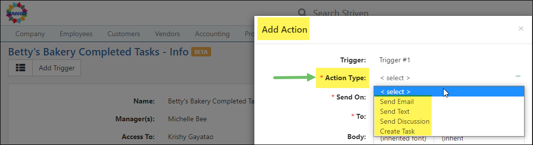 Action Type options for Triggers in Workflows
