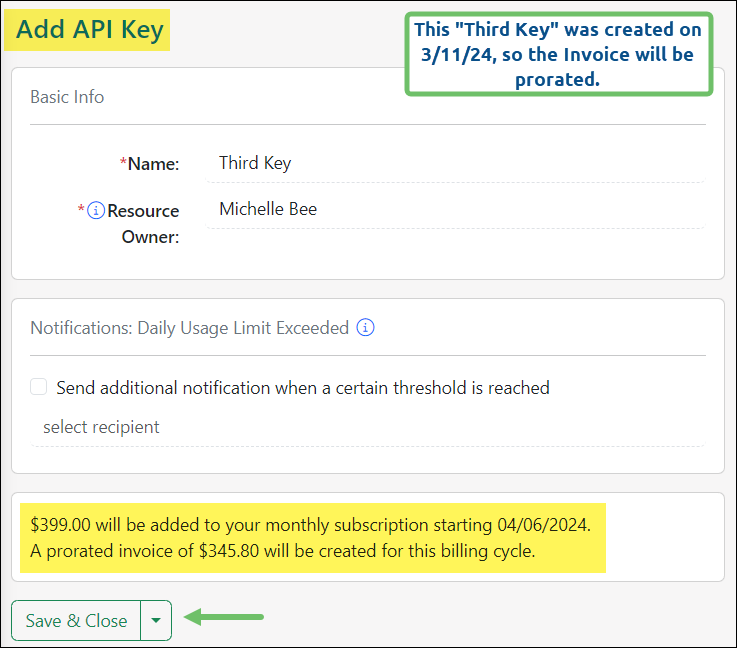 View of the Add API Key Settings showing the Key name, resource owner, notification settings, and fee for subscribing to the new key