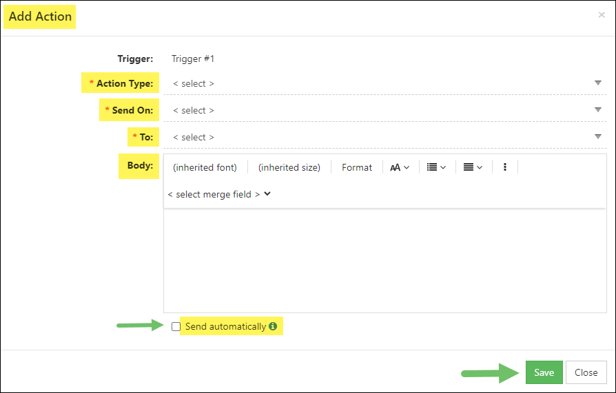 Settings options for Add Action Popup for Trigger in Workflow