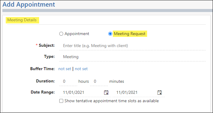 Add Appointment page with options for creating a meeting request