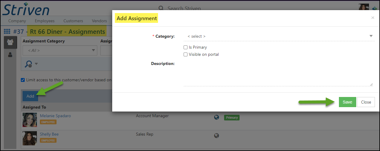 Add Assignments page with options to select a category, make primary, make visible on portal, and add a description