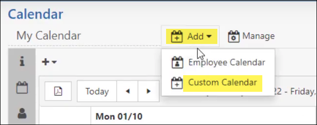 Options for adding a calendar: Employee or Custom
