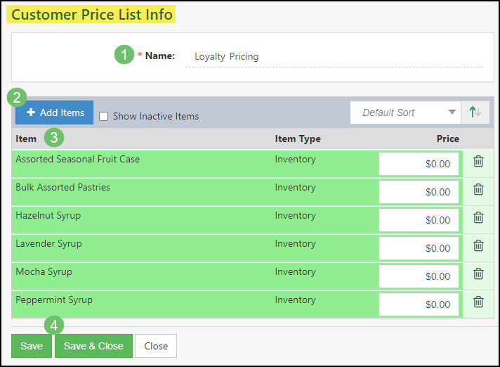 Image of adding a Customer Price list within Striven