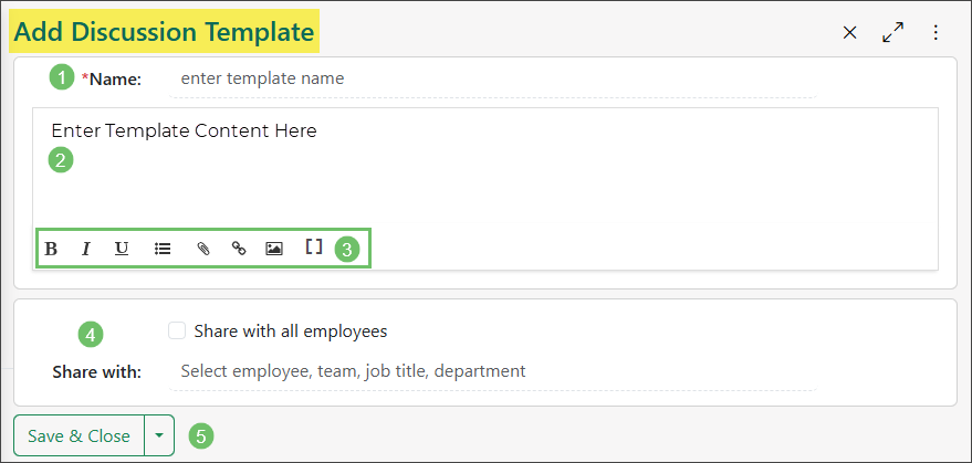 Image of the Add Discussion Template page that prompts from the Add New Template option being selected.