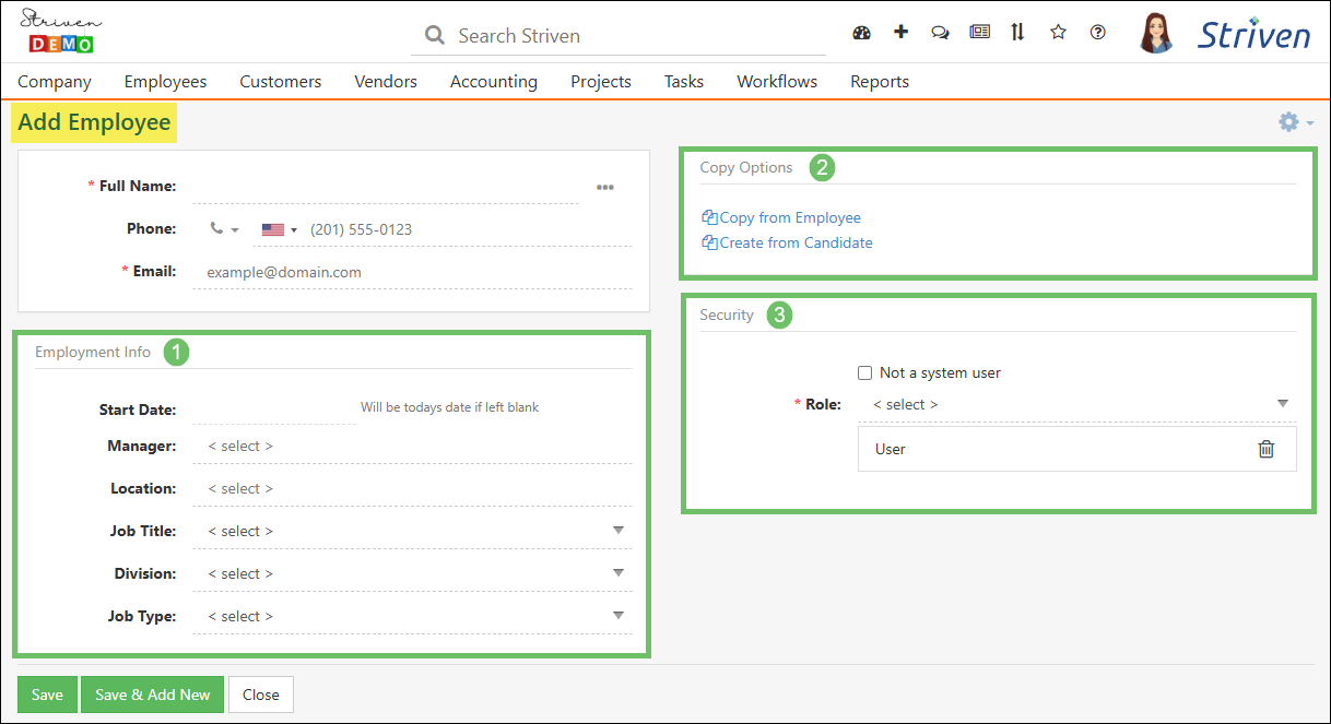 Add Employee page after the Show More option is selected displaying further data fields related to the Employee record