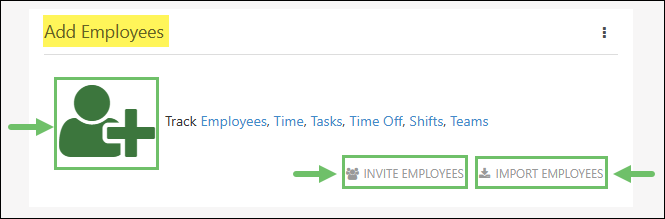 The Add Employees dashboard widget highlighting the Add Employee icon, Invite Employees, and Import Employees options