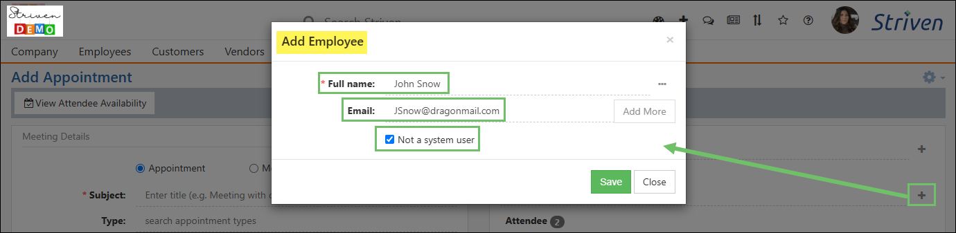 Add Employee popup from the Add Appointment page