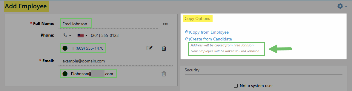 Add Employee popup highlighting the details that will be copied from the Candidate record
