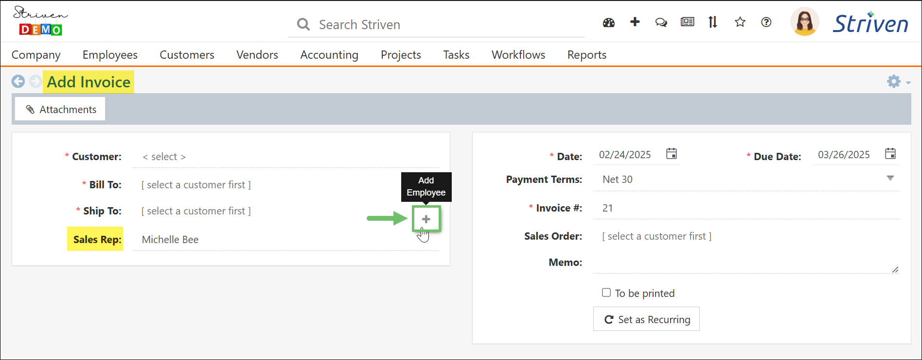 Add Employee hover icon on the Sales Rep line of an Invoice