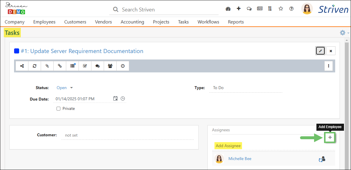 The Add Employee option in the Assignees section of a Task