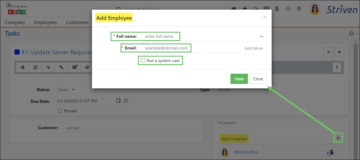Add Employee popup from a Task