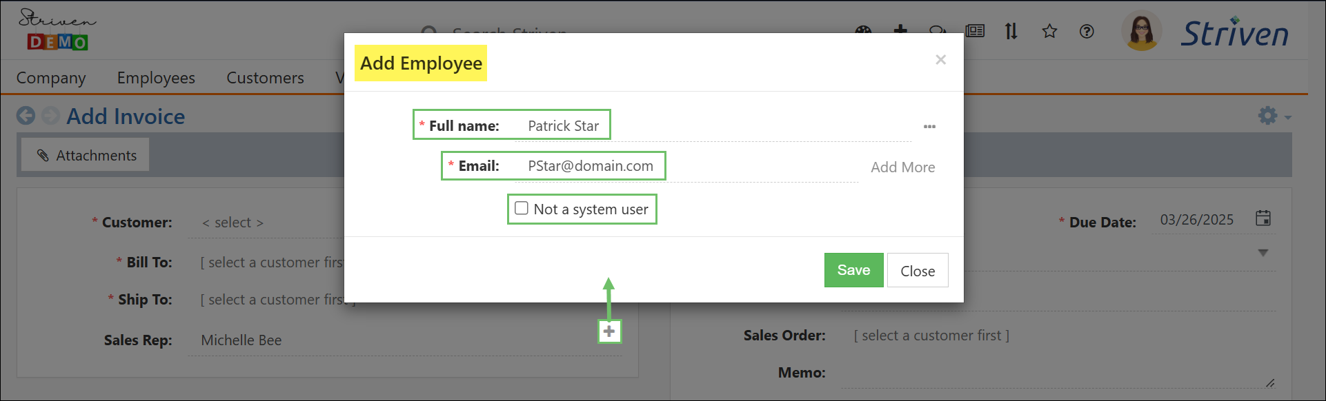 Add Employee popup window highlighting the full name and email fields, as well as the system user designation option