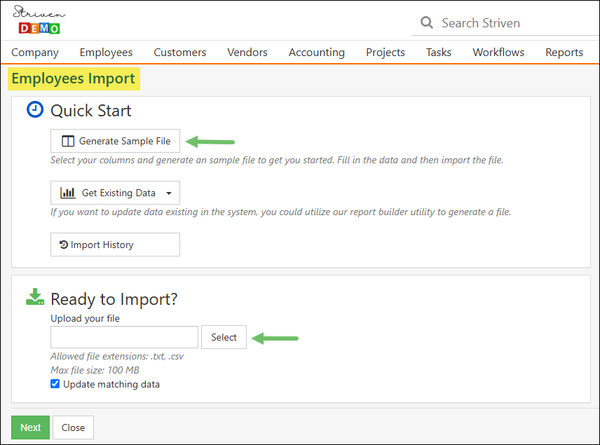 Employee Import page highlighting the Generate Sample File and the Upload options