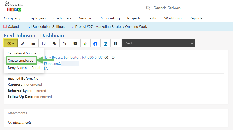 Candidate record in Striven highlighting the Create Employee option on the Candidate Actions menu