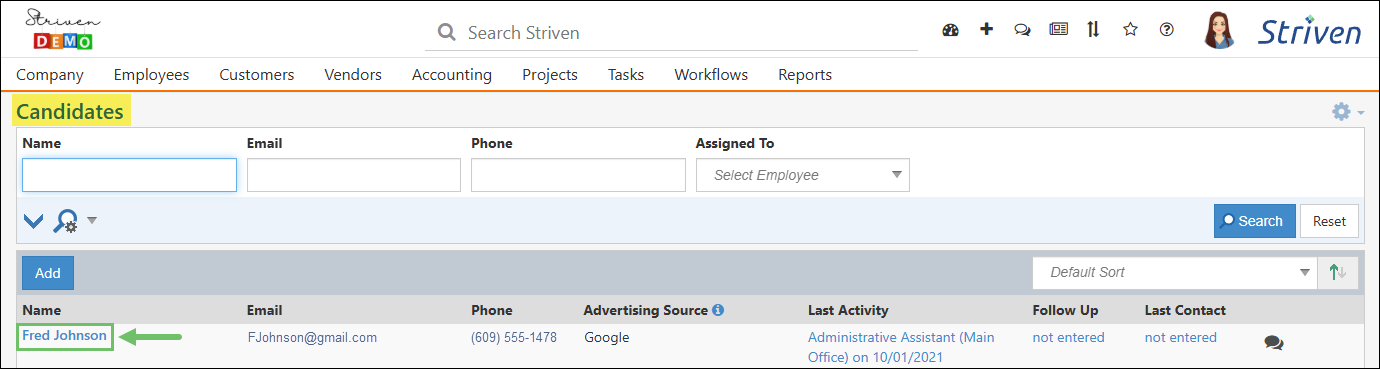 Employees List page pointing out a Candidate record from the list