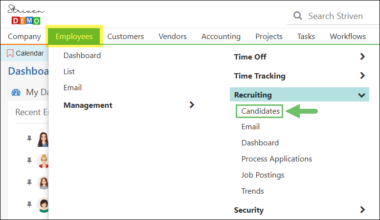 The Employees menu in Striven highlighting the Candidates List option
