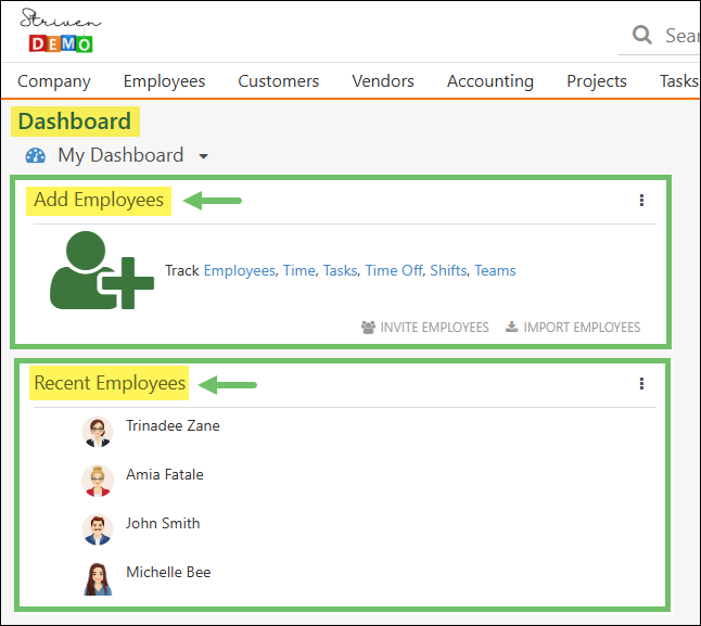 Dashboard widgets in Striven for Add Employees and Recent Employees