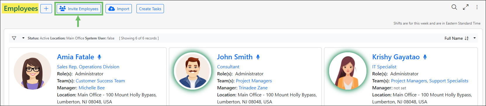 Example of the Employee List page, highlighting the Invite Employees option