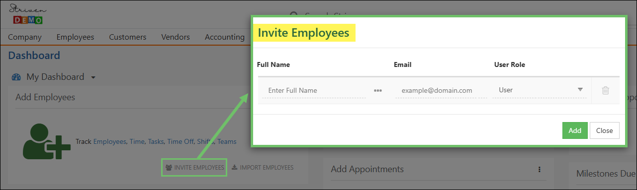 Add Employee Dashboard Widget highlighting the Invite Employees option